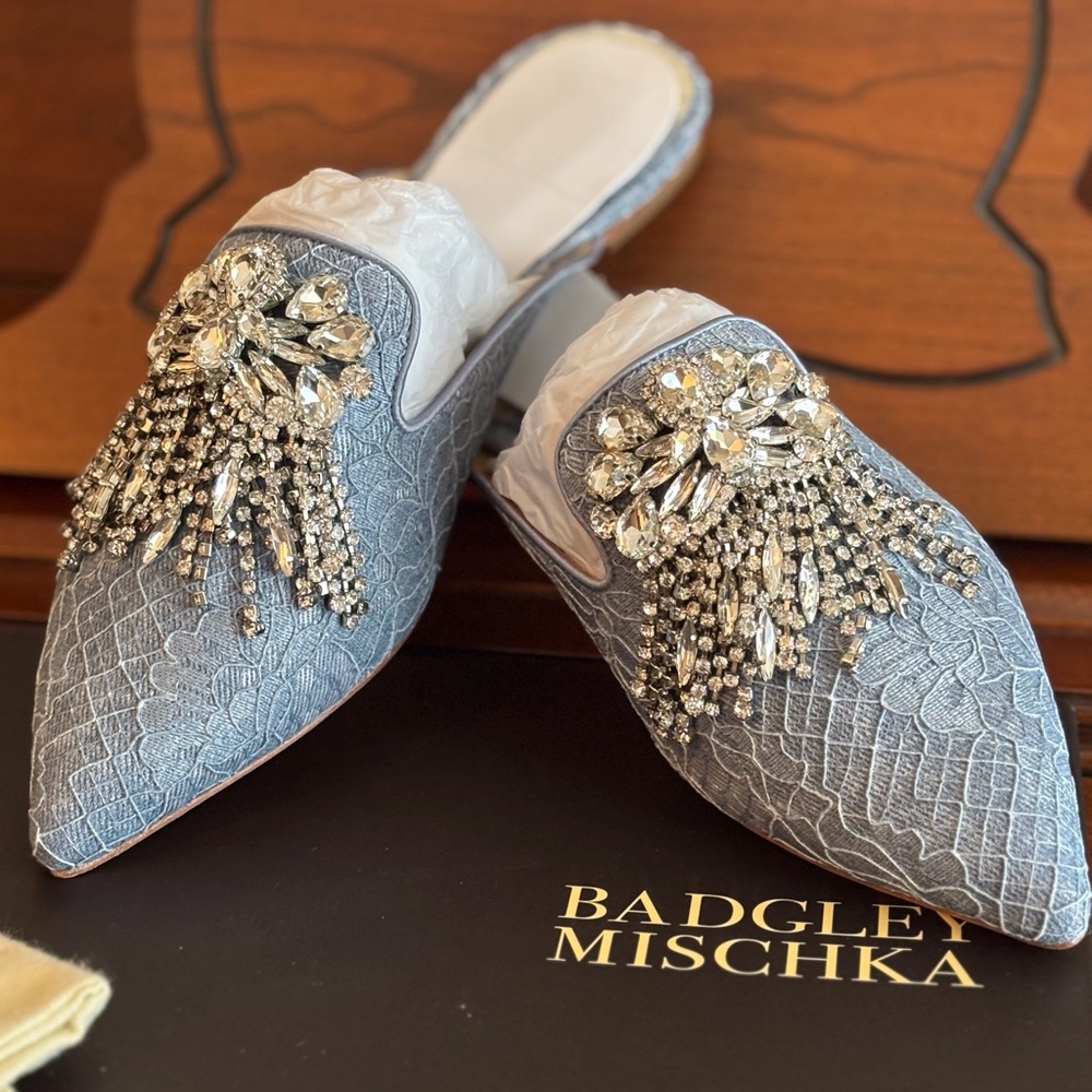 Badgley Mischka Women's Farley Blue Embellished Mules - Picture 4 of 16